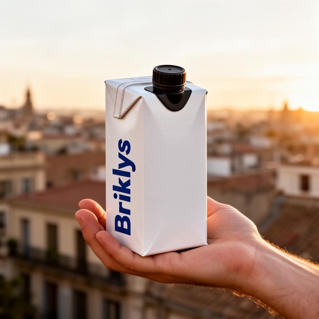 Branded Briklys water bottle held over Barcelona rooftops at golden hour